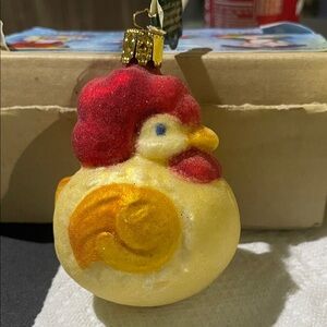 Festive Christborn Rooster Glassblown Ornament - Red Gold and Yellow via Germany